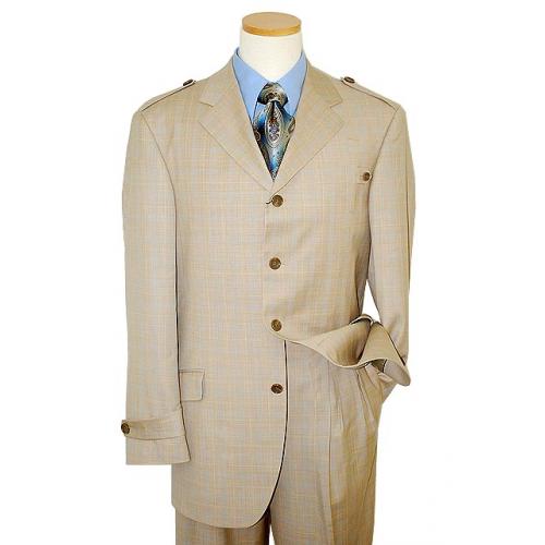 Steve Harvey Collection Tan/Blue Window French Cuffs Super 120's Merino Wool Suit